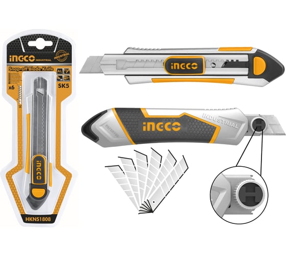 Изображение товара Канцелярский нож INGCO 190х100х18 мм В ком. 5 лезвий INDUSTRIAL HKNS1808