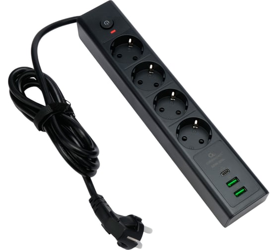 Изображение товара Сетевой фильтр Cablexpert Exnovo 4р, 16А, 1xType-C PD, 30Вт, 2хUSB, 2м, ур.защиты 4+, черный,кор, EXN-4-CU2-B-2