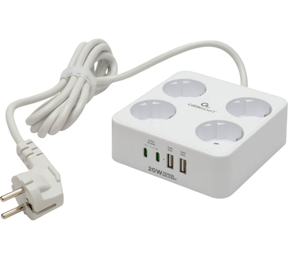 Изображение товара Сетевой фильтр Cablexpert Plate 4р, 10А, 2xType-C PD, 20Вт, 2xUSB, 2м, ур.защиты 4+, белый,короб, PLT-4-C2U2-W-2