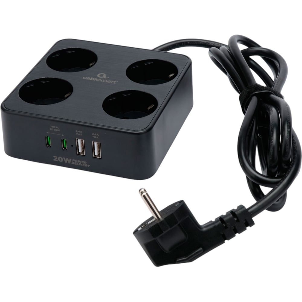 Изображение товара Сетевой фильтр Cablexpert Plate 4р 2м 4 розетки USB Type-C PD черный