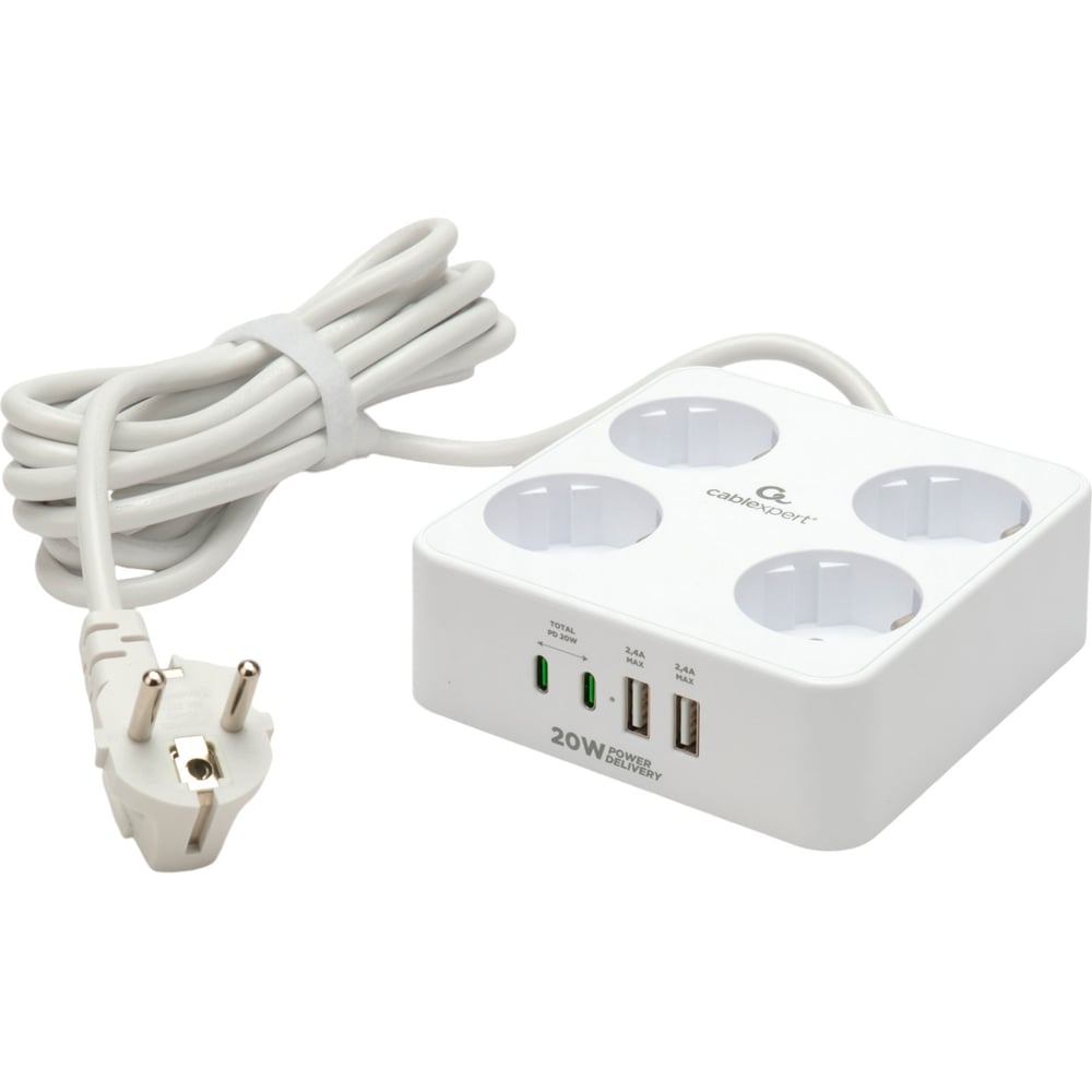 Изображение товара Сетевой фильтр Cablexpert Plate 4р 10А USB Type-C IP20 3м белый