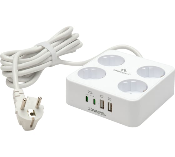 Изображение товара Сетевой фильтр Cablexpert Plate 4р, 10А, 2xType-C PD, 20Вт, 2xUSB, 3м, ур.защиты 4+, белый,короб, PLT-4-C2U2-W-3