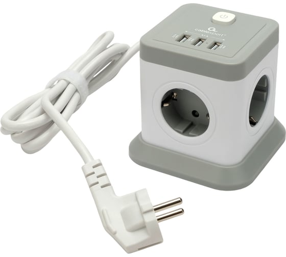 Изображение товара Сетевой фильтр Cablexpert Tower 4р, 10А, 3xUSB, 3.1А, 3м, ур.защиты 2+, белый, коробка, TWR-4-U3-W-3