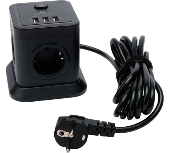 Изображение товара Сетевой фильтр Cablexpert Tower 4р, 10А, 3xUSB, 3.1А, 3м, ур.защиты 2+, черный, коробка, TWR-4-U3-B-3