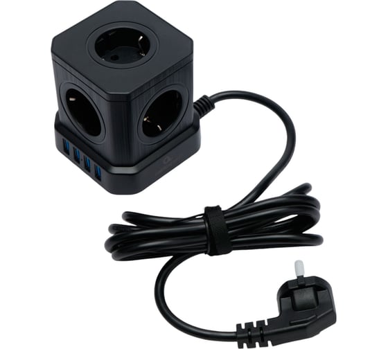 Изображение товара Сетевой фильтр Cablexpert Tower 5р, 10А, 4хUSB, 3.1А, 2м, ур.защиты 4+, черный, коробка, TWR-5-U4-B-2