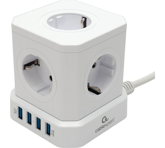 Изображение товара Сетевой фильтр Cablexpert Tower 5р, 10А, 4хUSB, 3.1А, 3м, ур.защиты 4+, белый, коробка, TWR-5-U4-W-3