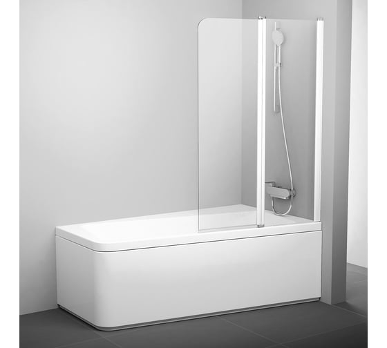 Изображение товара Двухэлементная перегородка (шторка, ширма) на борт ванны, с поворотной частью Ravak 10CVS2-100 R, правая, белый профиль, прозрачное стекло 7QRA0103Z1