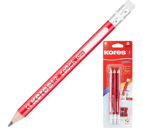Изображение товара Трехгранные чернографитные карандаши Kores JUMBO, HB 3 шт, точилка, ластик 246167