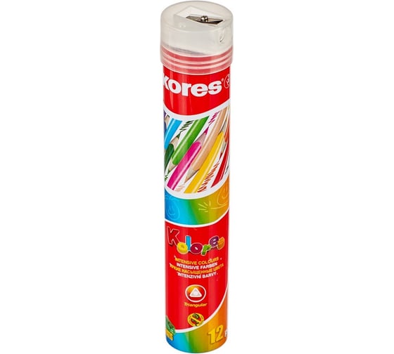 Изображение товара Трехгранные цветные карандаши Kores тубус 12 цветов, точилка, 93313 368372