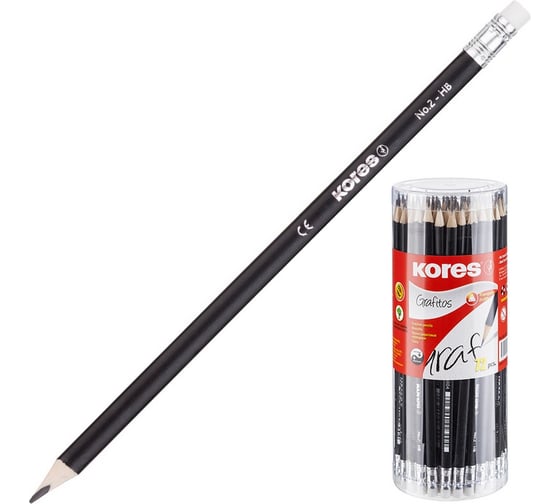 Изображение товара Трехгранные чернографитные карандаши Kores HB с ластиком 72шт, туба, 246166