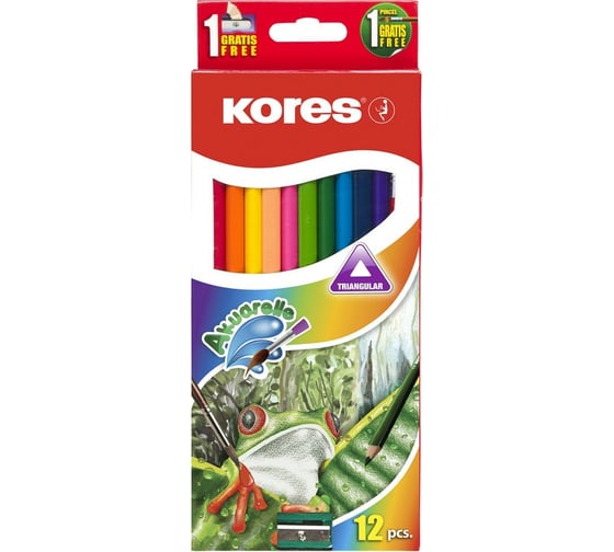 Изображение товара Трехгранные акварельные цветные карандаши Kores, 12 цветов, кисть, точилка 93812 312700