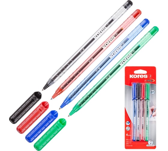 Изображение товара Шариковая ручка Kores К1 0,7мм треугольный корпус, 4шт в блистере синий/черный/красный/зеленый 270431
