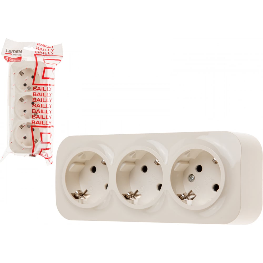 Изображение товара Розетка LEIDEN ELECTRIC 3-ая (открытая, с/з) бежевая, Bailly, 806027