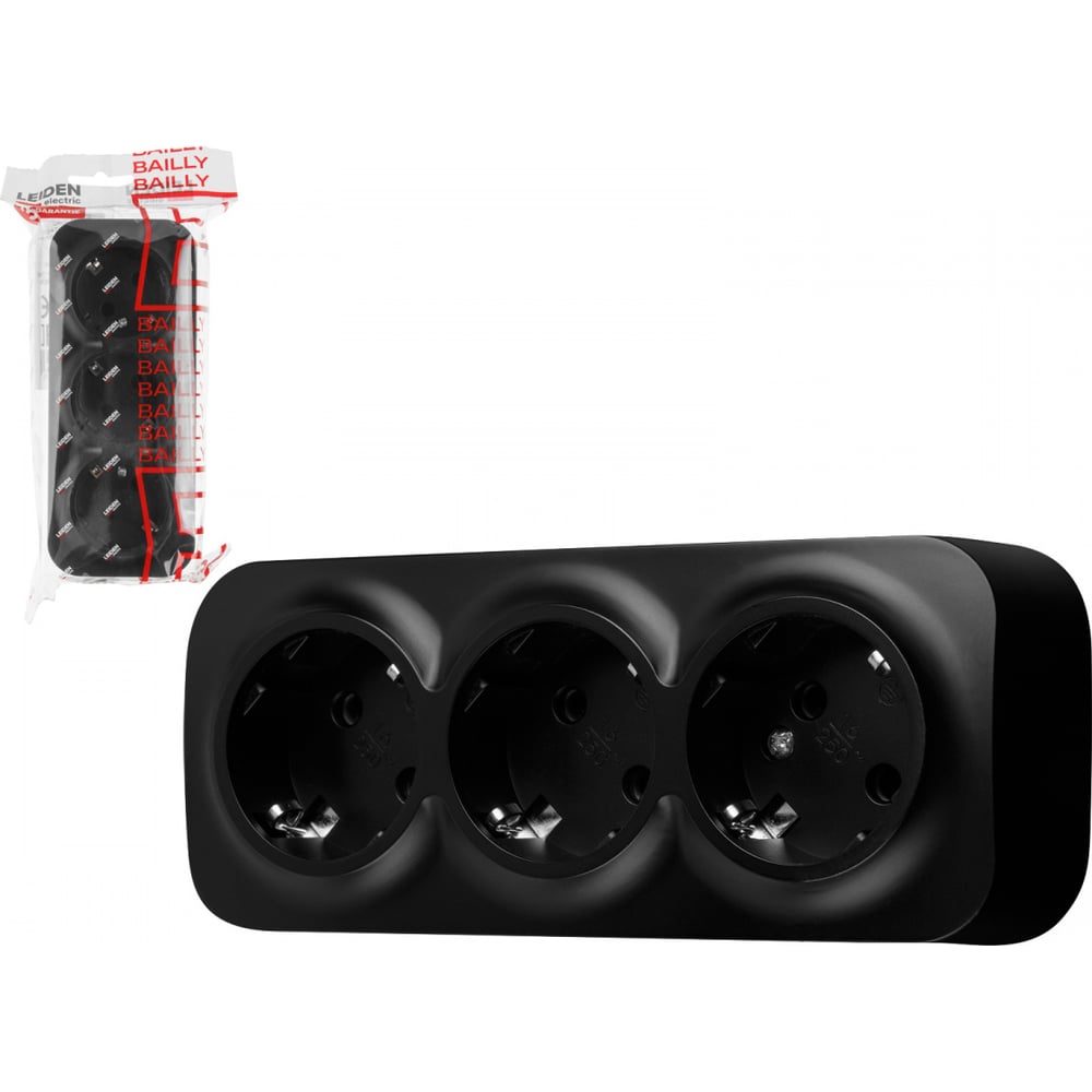 Изображение товара Розетка LEIDEN ELECTRIC Bailly 806017 черная накладная с заземлением и 3 гнезда