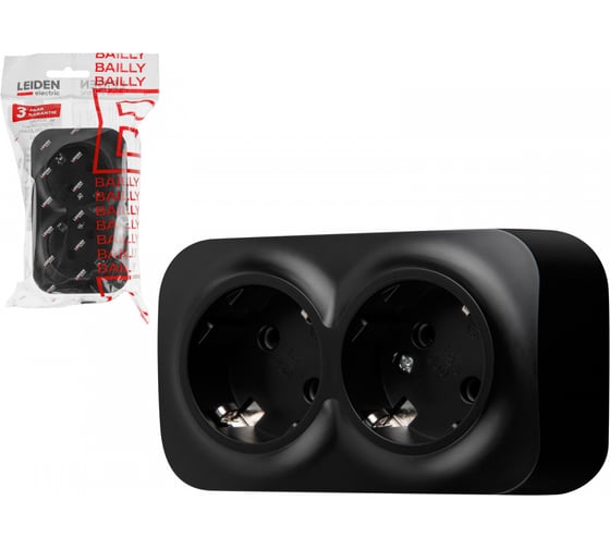 Изображение товара Розетка LEIDEN ELECTRIC 2-ая (открытая, с/з) черная, Bailly, 806015