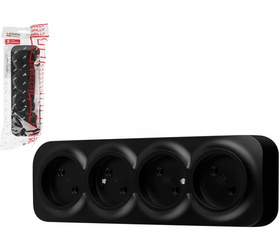 Изображение товара Розетка LEIDEN ELECTRIC 4-ая (открытая, б/з) черная, Bailly, 806020