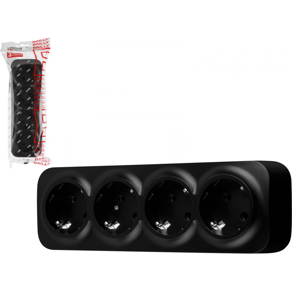 Изображение товара Розетка LEIDEN ELECTRIC 4-ая Bailly черная с 4 гнездами монтаж накладной IP20