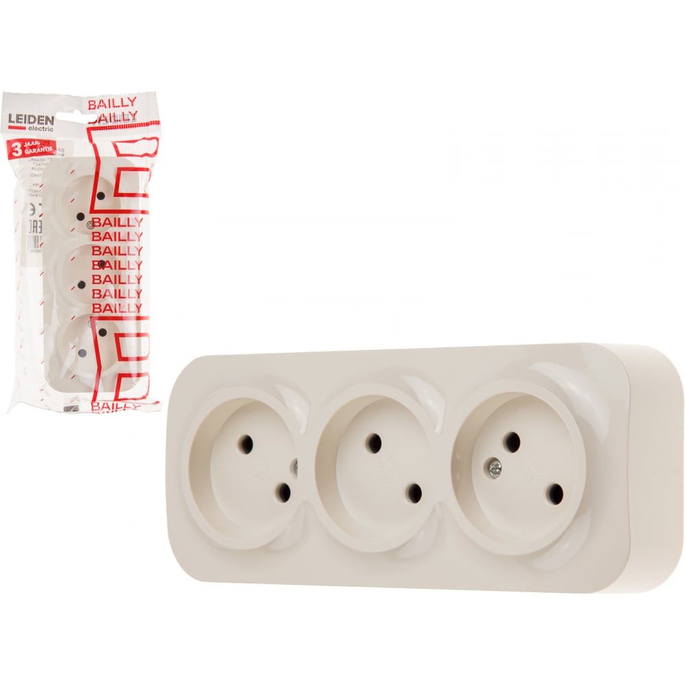 Изображение товара Розетка LEIDEN ELECTRIC Bailly 806028 силовая, бежевый, IP20, 3 гнезда, монтаж накладной
