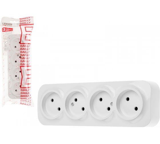 Изображение товара Розетка LEIDEN ELECTRIC 4-ая (открытая, б/з) белая, Bailly, 806010