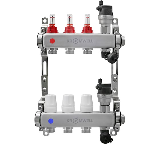Изображение товара Блок коллекторный KROMWELL 1", из нержавеющей стали, с расходомерами, 3 отвода 3/4"EU KW.SM6000635
