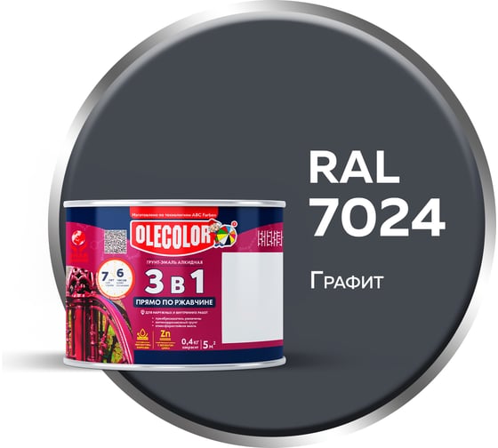 Изображение товара Грунт-эмаль по ржавчине Olecolor 3 в 1 графит 7024 (0.4 кг) 4300014023