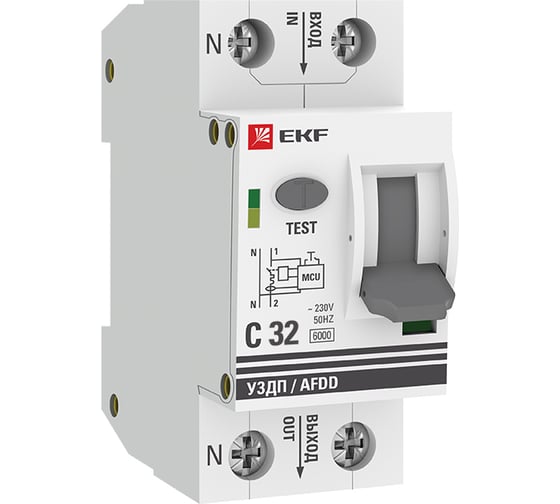 Изображение товара Устройство защиты от дугового пробоя EKF PROxima 1P+N, 32А, 6 кА, УЗДП afdd-2-32C-pro