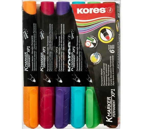 Изображение товара Перманентный маркер Kores набор 6 цветов, 1-3 мм, круглый наконечник 20902 916457