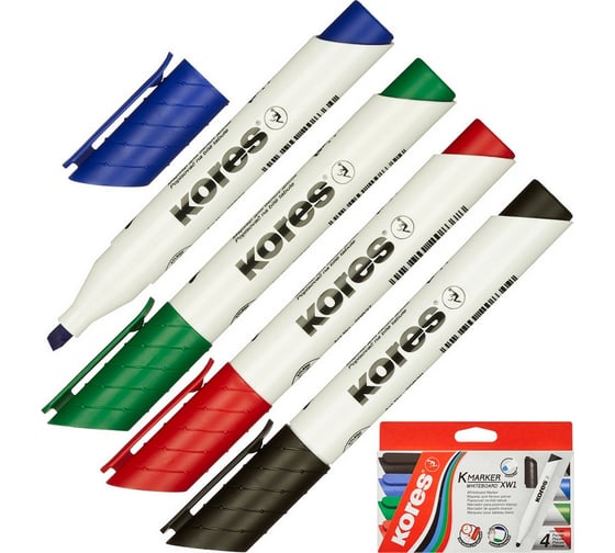 Изображение товара Маркер для досок Kores набор 4 цвета, 3-5 мм, скошенный наконечник 20845 867787