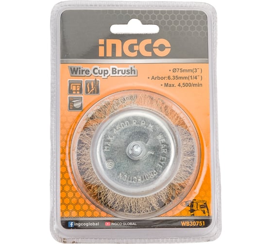 Изображение товара Щетка проволочная чашечная на шпильке (75х0.35х6.35 мм) INGCO WB30751