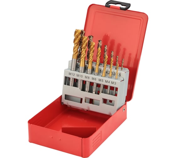 Изображение товара Набор спиральных машинных метчиков H-Tools M3-M12 HSSE-TiN DIN371/376 + сверла 14пр 245052THT