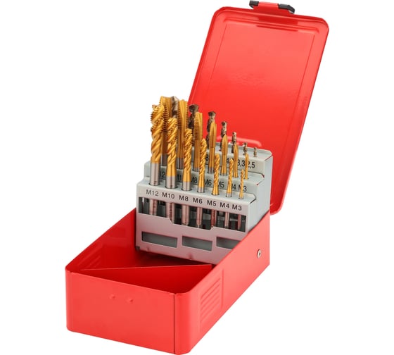 Изображение товара Набор машинных метчиков H-Tools M3-M12 HSSE-TiN DIN371/376 + сверла 21пр 245054THT