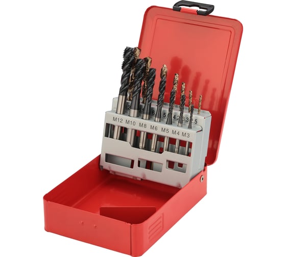 Изображение товара Набор спиральных машинных метчиков H-Tools M3-M12 HSSE-TiALN DIN371/376 + сверла 14пр 245052FHT