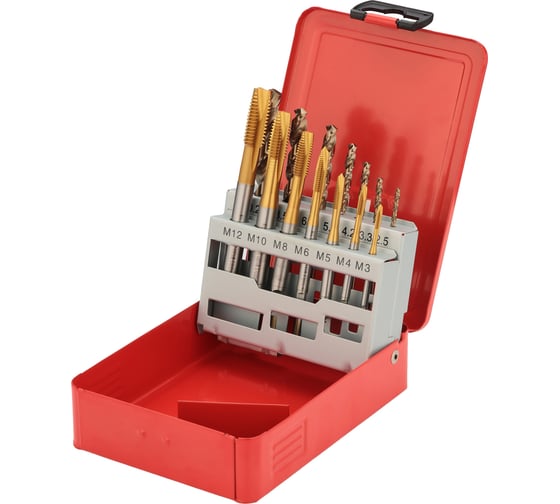 Изображение товара Набор машинных метчиков H-Tools M3-M12 HSSE-TiN DIN371/376 + сверла 14пр 245051THT