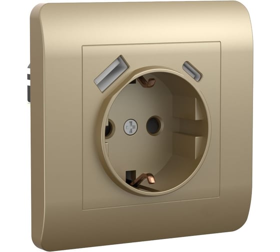 Изображение товара Розетка CHINT NEW3-E 16А с заземлением защитные шторки с 2-мя зарядными устройствами USB A+C 5В/2.1А шампань 431453