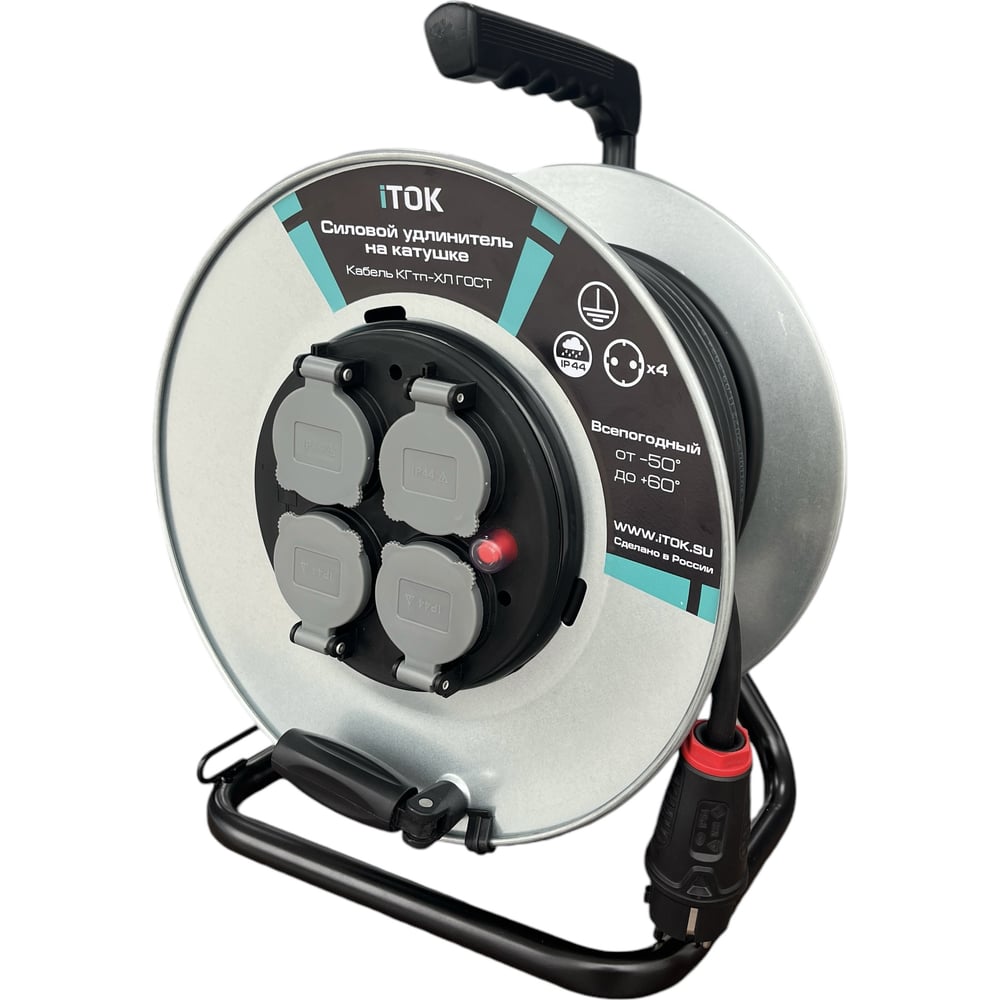 Изображение товара Удлинитель силовой iTOK на металлической катушке 4 розетки IP44 60м