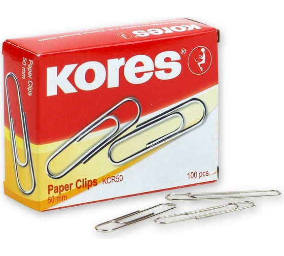 Изображение товара Никелированные скрепки Kores с отгибом, 50 мм, 100 шт в картонной упаковке 65495