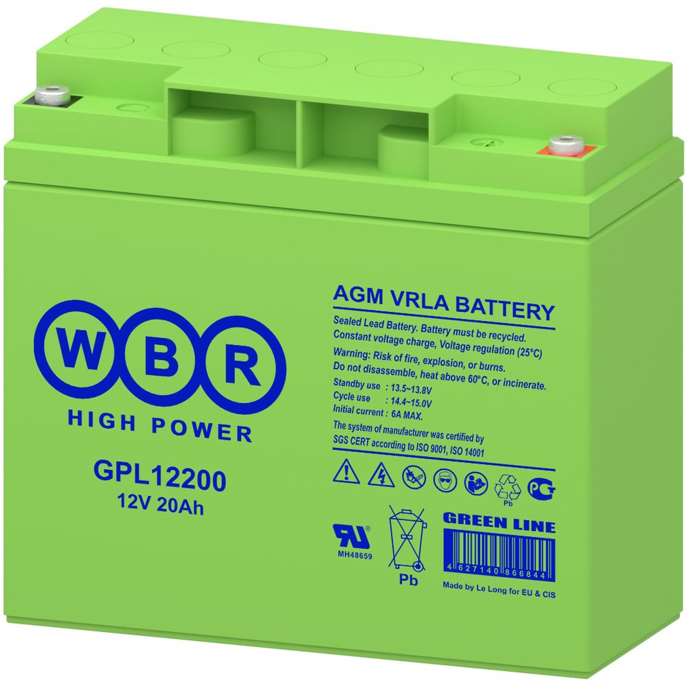Изображение товара Аккумулятор GPL12200 12 В 20 А*ч для ИБП WBR