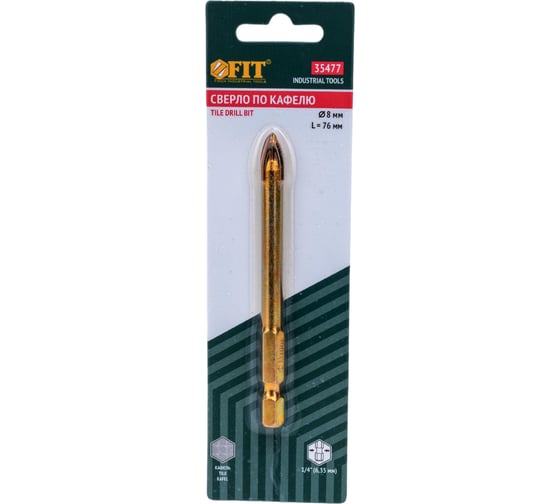 Изображение товара Сверло по кафелю (8x76 мм; 4 режущие кромки; титановое покрытие; U-хвостовик под биту) FIT 35477