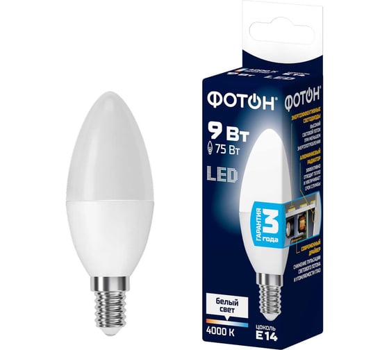 Изображение товара Светодиодная лампа ФОТОН LED B35 9Вт E14 4000K белый свет 23969