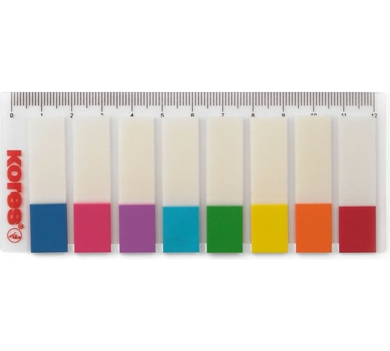 Изображение товара Пластиковые двухцветные клейкие закладки Kores 8 цветов по 15 листов 12х45мм на линейке 45121 201925