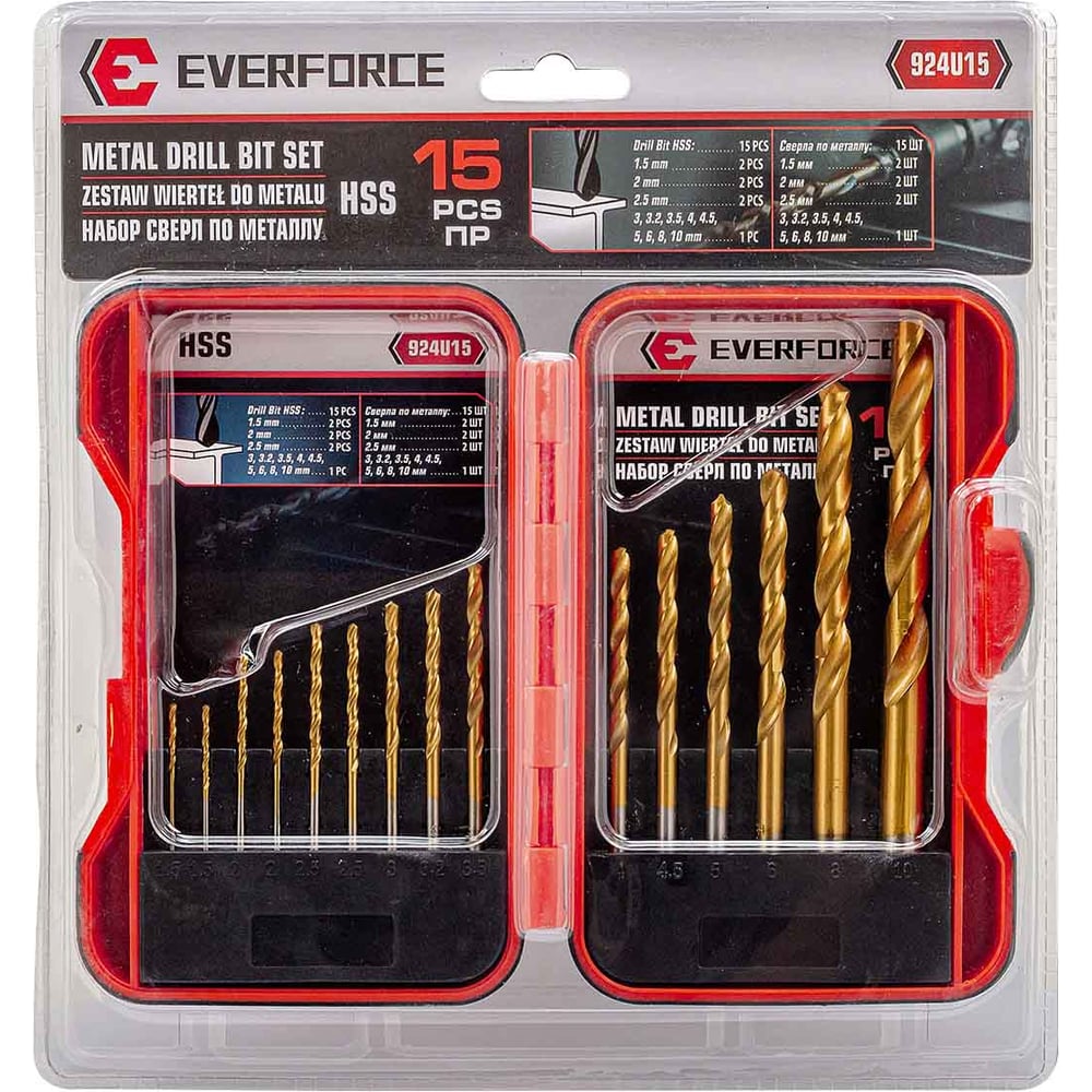 Изображение товара Набор сверл по металлу EVERFORCE 15 предметов EF-924U15, спиральные, HSS, цилиндрический хвостовик