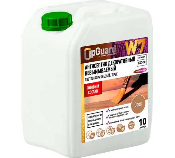 Изображение товара Антисептик декоративный UPGUARD W7, готовый состав невымываемый, цвет светло-коричневый (орех), для защиты древесины, срок защиты до 55 лет, 10 л, 0237-10 (O237-10)