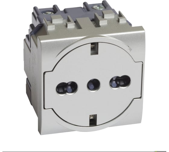 Изображение товара Розетка Bticino LIVINGLIGHT 2К+З 16А 250В, немецкого/итальянского стандартов,с плоской лицевой панелью. Цвет Алюминий NT4140/16F