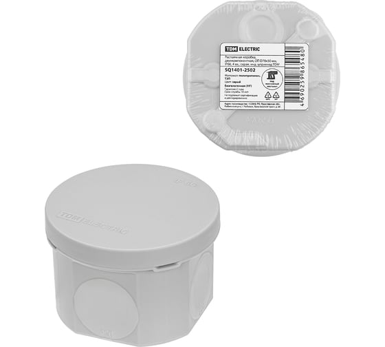Изображение товара Распаячная коробка TDM ELECTRIC двухкомпонентная, ОП D70х50 мм, IP66, 4 вх., серая, (1 шт) TDM SQ1401-2502