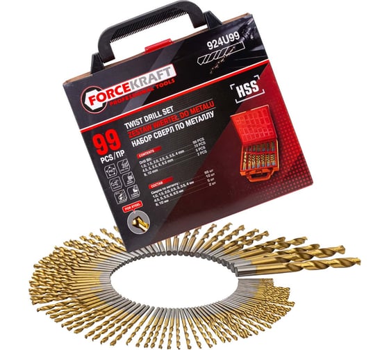 Изображение товара Набор сверл по металлу HSS, 99 шт, 1,1.5,2,2.5,3,3.5,4 мм по 10 шт; 4.5,5,5.5,6,6.5 мм по 5 шт; 8,10 мм по 2 шт),в кейсе Forcekraft FK-924U99(51910)