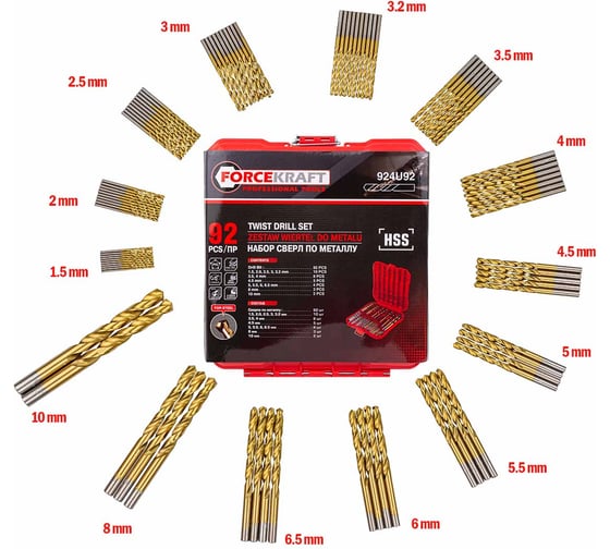 Изображение товара Набор сверл по металлу HSS, 92 шт, 1.5,2,2.5,3,3.2 мм по 10 шт; 3.5,4 мм по 8 шт; 4.5 мм-5 шт; 5,5.5,6,6.5 мм по 4 шт; 8 мм-3 шт; 10 мм-2 шт), в кейсе Forcekraft FK-924U92(51909)