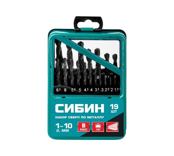 Изображение товара Набор сверл по металлу СИБИН 19 шт, 1-10 мм, класс В, металлический бокс 29610-H19