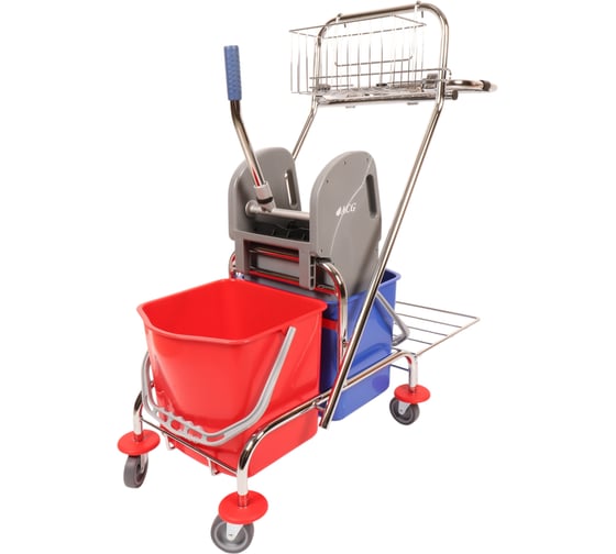 Изображение товара Тележка ACG 2х-ведерная 2 х 17л с отжимом, база хром, с корзиной и держатель под м/мешок с поддоном 1005212