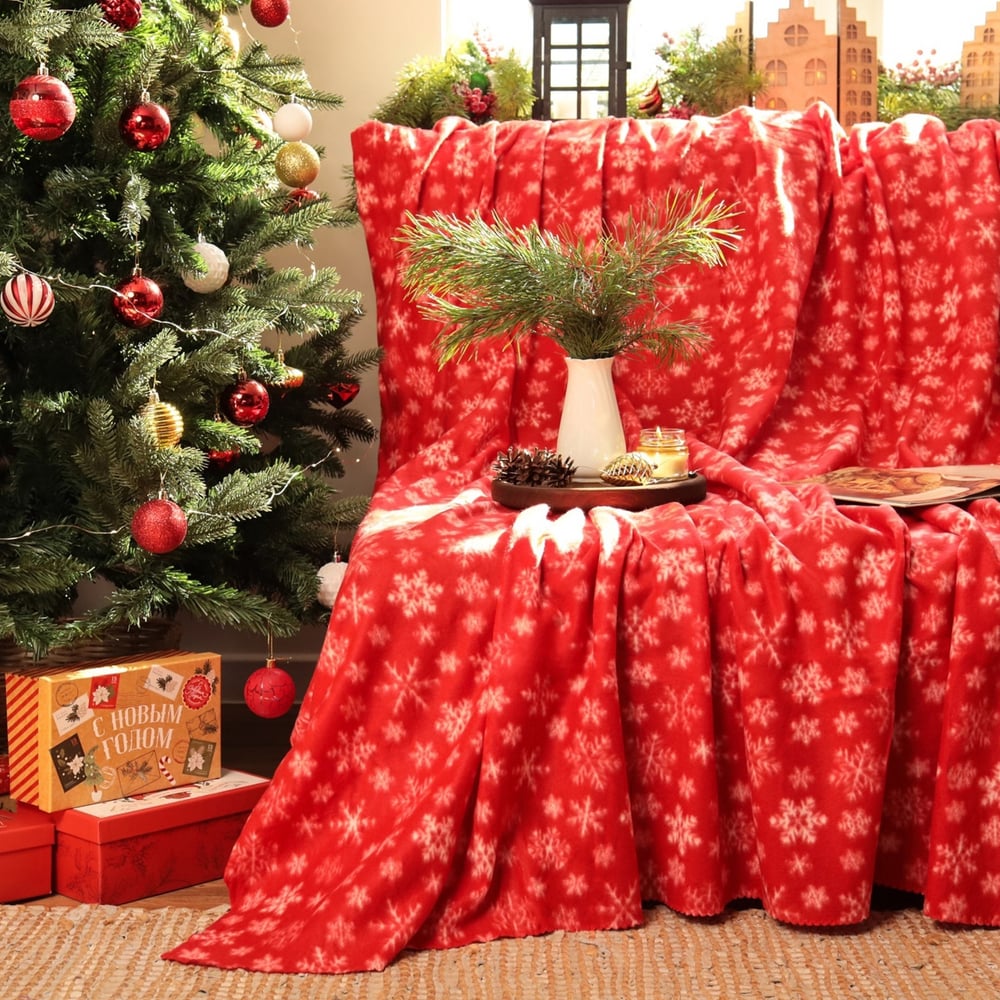 Изображение товара Плед Экономь и Я Snow 150х180 см красный с рисунком снежинок