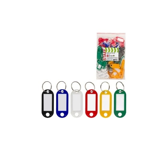 Изображение товара Бирки для ключей STAFF КОМПЛЕКТ 100 шт, длина 50 мм, инфо-окно 30х15 мм, АССОРТИ 237493